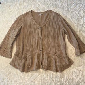 Kleen Lagenlook Ruffle Peplum Cardigan Top Tan Cotton M